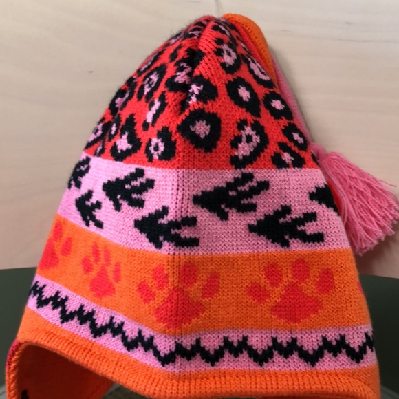 Rainforest Cafe Earflap Hat Knit Animal Paw Print Pink Orange Tassels One Size - Picture 6 of 9